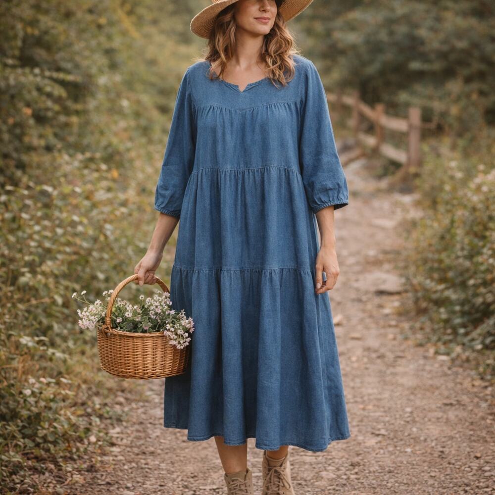 The Vermont Country Store VTG SZ L 100% Cotton Denim Tiered Midi Dress
